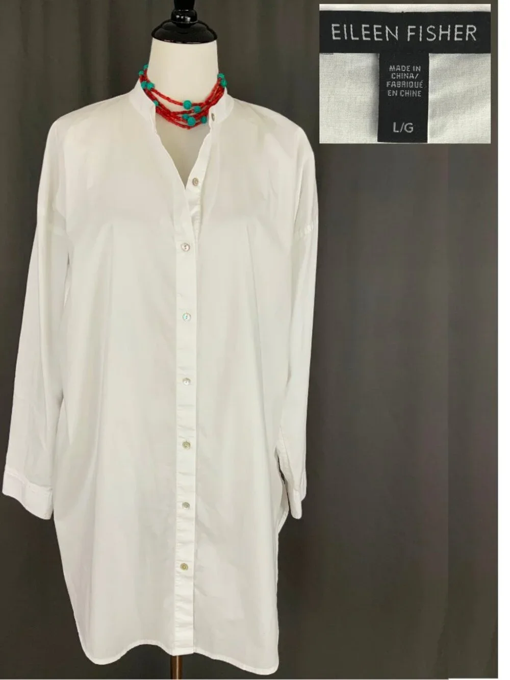 Eileen Fisher White Poplin Long Sleeve Tunic Shirt Button Up Sz L - Picture 2 of 16